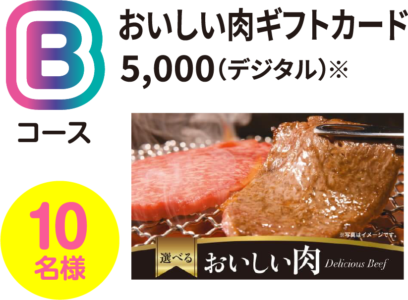 Bコース おいしい肉ギフトカード 5,000(デジタル)※ 10名様 ※写真はイメージです。選べる おいしい肉 Delicious Beef